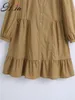 H.SA Ruffles Mulheres Verão Manga Longa Oversized Khaki Plissado Vestidos Pure Algodão Abaixo Vestido de Colarinho 210417