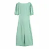 Za wyciąć kratę zieloną sukienkę kobiety krótkie rękaw puff seksowne lato długie sukienki szykowne plecy split kobiety rocznika sukienka plażowa 210602