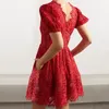 vintage party dress red Christmas mini dresses for women lace v-neck hollow out A-line summer holiday robe mujer vestidos 210421
