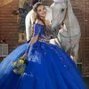 Koronkowa haft z ramienia Quinceanera Suknie Długie Rękawy Zroszony Słodka 16 Prom Suknia Glitter Tulle Vestidos DE 15 Años