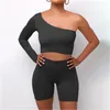 CNYISHE One Shoulder Casual Matching Sets Women Tracksuit Long Sleeve Sporty Suits Crop Top + Biker Shorts Two Piece Lounge Set 210419