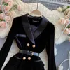 Blazer Coat Women Velvet Suitjacka Vinter Dubbelbröst Långärmad Ladies Black Belt Slim Outwear 211006