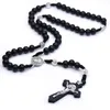 Black Fashion Wooden Rosary Elegant Cross Catholic Rosary Religious Beads Long Chains Necklace For Men Women