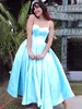 Sexy Blue Bez Rękawów Prom Dresses Lace Aplikacja Krótkie Party Koktajl Suknie Kostki Długość Satynowe Formalne Suknie Wieczorowe