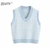 Frauen Vintage V-ausschnitt Houndstooth Print Weste Pullover Weibliche Herbst Ärmellose Patchwork Casual Pullover Chic Tops S527 210416