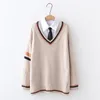 H.SA Korean Japanese Style 2 Pieces V neck Pull Jumpers With Blouses Tied College Sweater Suit Oversized 210417