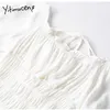 Yitimuceng Blusa Branco Mulheres Bow Lace Up Dobras Backless Camisas Manga Longa Coleira Sólida Primavera Summer Moda 210601