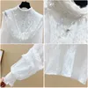 Solid Wood Ear Lace Patchwork Nail Beaded Chiffon Full Stand Shirt Spring Top Women Blouses 210615