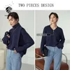 FANSILANEN Two piece suit turtleneck knitted sweater Women oversized blue casual pullover Autumn winter vintage female jumper 210607