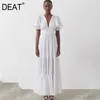 V-neck Bubble Short Sleeve Solid White Sexy Open Back Lace Up Embroidered Maxi Dresses For Women Summer GX454 210421