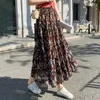 Röcke Vintage Blumendruck A-Line Langer Rock Frauen 2021 Frühling Sommer Chiffon Plissee Kirts Damen Hohe Taille Midi Wild