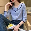 Koreaanse vrouwen blouses lange mouwen shirts vrouw chiffon blouse dames basic top plus size casual v nek blauw shirt XXL 210604