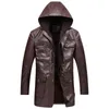 アイドピオ冬の暖かい男性の長い革のジャケットが付いている革の革のジャケットが付いている革のジャケットの革紐