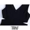 TRAF Donna Chic Fashion Scava Fuori Mini Abito Nero Vintage Cerniera Posteriore Cinghie Larghe Abiti Femminili Abiti Mujer 210415