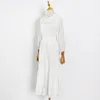 白いエレガントなパッチワークレースのレースのための女性スタンド襟の長袖ハイウエスト韓国のミディドレス女性のファッション210520