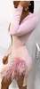 女性のセクシーなデザイナーレースメッシュ羽ピンクの包帯ドレスレディースエレガントな長袖ボディコンパーティーvestido 210525