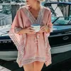 Sarongs varumärke Boho Beach Woman Lace Crochet Hollow Mini Cover-ups Elastic Collect Midjen Badkläder Kaftan Batwing Swimsuit Cover Upsarongs