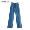 Kvinnor Mode Side Fickor Faded Wide Leg Jeans Vintage High Waist Zipper Fly Denim Kvinna Trousers Mujer 210416