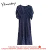 Yitimuceng Vintage Vestidos Florais Vestidos para Mulheres Moda Cintura Alta Dobras Chiffon Vestido Longo Bege Marinho Azul Verão 210601