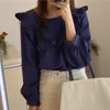 Nomikuma Kvinnor Blus Koreanska Ruffle Patchwork Sweet Blusas Toppar Femme Höst Långärmad O-Neck Pullover skjorta 6d084 210427