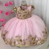 Bebê rosa bola vestido flor flor vestidos para casamento mangas curtas frisado toddler 3d apliques sem encosto concurso de pageântico tule chão comprimento primeiro comunhão vestido