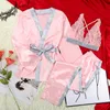 Försäljning Pajamas Kvinnor Sexig Satin Underkläder 3 Piece Set Långärmad Robe Satser Lace Up Patch SleepWear Bra Night Gown Pants Home-Wear 210422