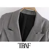 TRAF femmes mode Double boutonnage vérifier Blazer manteau Vintage à manches longues poches vêtements de dessus pour femmes Chic hauts 210415