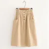 Spring Women Skirts Elastic Waist Vintage Korean Loose A Line Cotton Midi Skirt Single Breasted Solid Skirt Faldas 9905 210518