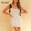 White Lace Summer Dress Spaghetti Strap Up Bodycon Mini Sexy Ruffle Short Beach Sundress Party Women 210427