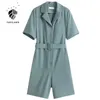 Fansilanen Sommar Kortärmad Casual Jumpsuit Romper Kvinnor Bälte Grön Wide Leg Playsuit Kvinna V Neck Elegant Overaller 210607