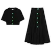 PERHAPS U Black Solid Short Sleeve Turn Down Collar Shirt Short Cropped Midi Skirt Two Piece Set Summer Women Green Button T0252 210529