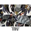 Traf女性のファッション弓縛られた花柄のプリントクロップされたブラウスヴィンテージ半袖背中弾性女性のシャツシックなトップス210415