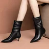 Orta Buzağı Çizmeler Kadın Ayakkabı Pileli Gerçek Deri Yüksek Topuk Bayan Sivri Burun Stiletto Topuklu Kısa Kış Siyah 210517