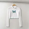 Sexiga Kvinnor Mode Butterfly Print Vit Sommar Kort Tshirts Girl Långärmad Turtleneck Exposed Navel T-shirt Toppar 210421