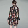 Kadın Fırfır Papyon Mini Bayanlar Flare Çiçek Vazo Baskı Pist Melek Vintage Uzun Kollu Rahat Parti Elbise 210416