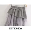 Women Chic Fashion Tulle Patchwork Asymmetrical Midi SKirt High Elastic Waist With Lining Female Skirts 210420