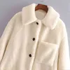 Moda Solid Teddy Coat Kobiety Kieszenie Zimowe Kieszenie Polar Casual Mid Długość Kurtki Z Długim Rękawem Lamb Fur Kurtka Manteau Femme 210515