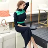 Femmes printemps pull mode coréenne contraste couleur col roulé manches minces Silm bureau dame longue Robe robe à tricoter 210416