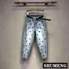 Calças de jeans de bordado dos desenhos animados Primavera Padrão das Mulheres Denim Feminino High-cintura Harem Calças 211129