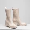 럭셔리 디자이너 여성 하프 부츠 신발 겨울 Chunky Med Heels 일반 스퀘어 발가락 신발 Rainboots Zip 여성 Mid Calf Booty 내마 모성 두꺼운 밑창 부팅