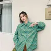 Primavera Verde Floral Impressão Manga Longa Camisa Oversized Button Up Bow Neck Coreano Moda Tops e Blusas 210427