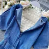 V-шеи повязки комбинезоны женщины твердые высокие талию боди Корейский винтаж джинсовая ропа Муджера весна мода 16346 210415