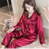 女性のパジャマを設定スリープ冬の長袖Mujerピジャマスセクシーなランジェリーナイトウェアシルクサテンパジャマスーツ2ピーススリープシャツQ0706