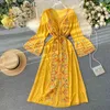 Gaganight Vinage Indie Folk Femmes Maxi Robe À Manches Longues Col En V Robes De Fête De Vacances Femme Chic Mode Cordon Vestidos 210519