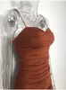 Mulheres Bodycon Dress Long Plissado Sexy Night Club Dress Marrom Midi Party Verão Roupas Sling Vestidos Largos de Fiesta de Noche 210309