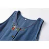 Sleeveless Denim Dress Women Embroidery Single Breasted Button Vintage O Neck Japanese Style Frocks Pencil Straight Dresses 210417