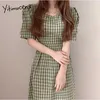 Yitimuceng robes à carreaux pour femmes été mode coréenne pansement robe mi-longue manches courtes bouffantes rouge vert bleu jaune 210601