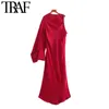 TRAF Women Chic Fashion One Shoulder Asymmetric Midi Dress Vintage Long Sleeve Side Elastic Female Dresses Vestidos 210415