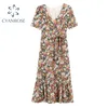 Women Summer Ruffle Floral Print Dress Lanter Short Sleeve V Neck Boho Prairie Chic Lace Up Dresses Casual Elegant Vestidos 210515