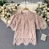 Dames Roze Kant Blouse Mode Zomer Franse Stijl Holle O-hals Korte Korte Sweet Meisjes Koreaans Shirt met Camis 210603